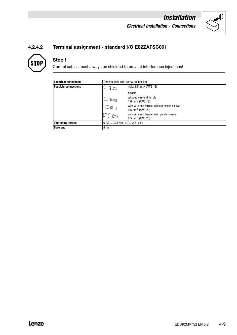 Terminal assignment − standard i/o e82zafsc001, Installation, Electrical installation − connections | Lenze 8200 motec frequency inverter 0.25kW-7.5kW User Manual | Page 34 / 270