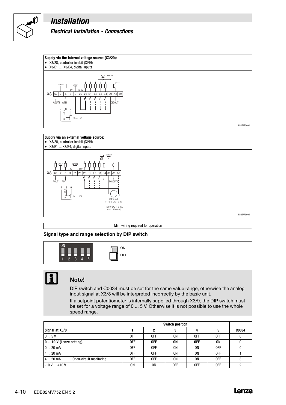 Installation, Electrical installation − connections, Signal type and range selection by dip switch | Lenze 8200 motec frequency inverter 0.25kW-7.5kW User Manual | Page 35 / 270