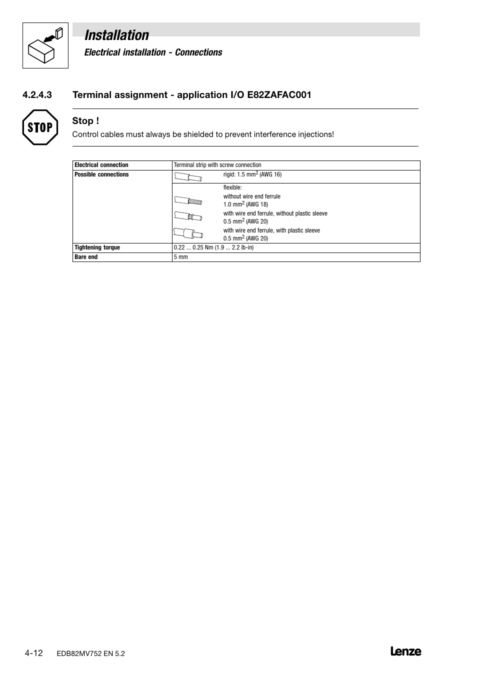 Terminal assignment − application i/o e82zafac001, Installation, Electrical installation − connections | Lenze 8200 motec frequency inverter 0.25kW-7.5kW User Manual | Page 37 / 270