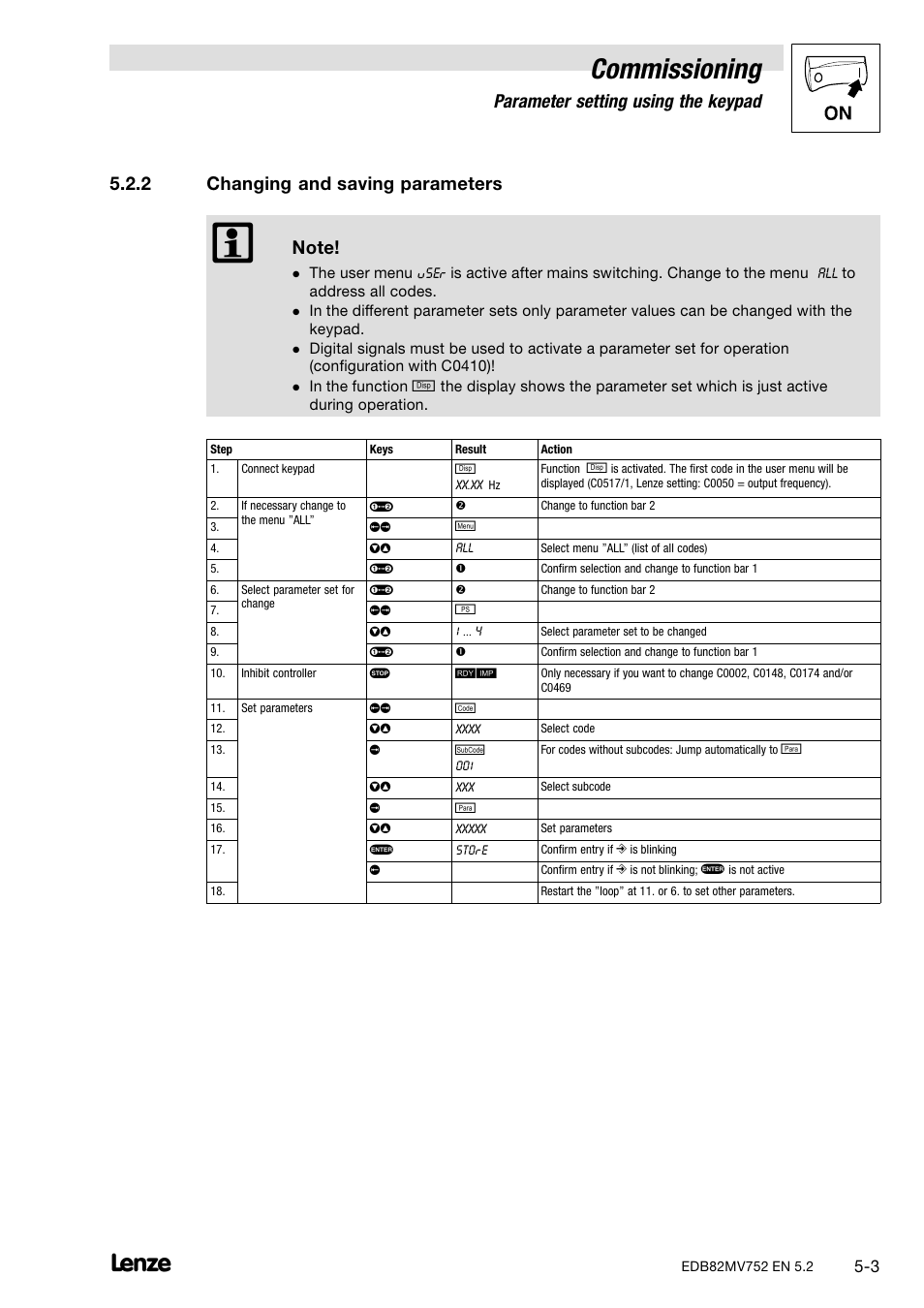 2 changing and saving parameters, Changing and saving parameters, Commissioning | Parameter setting using the keypad | Lenze 8200 motec frequency inverter 0.25kW-7.5kW User Manual | Page 44 / 270