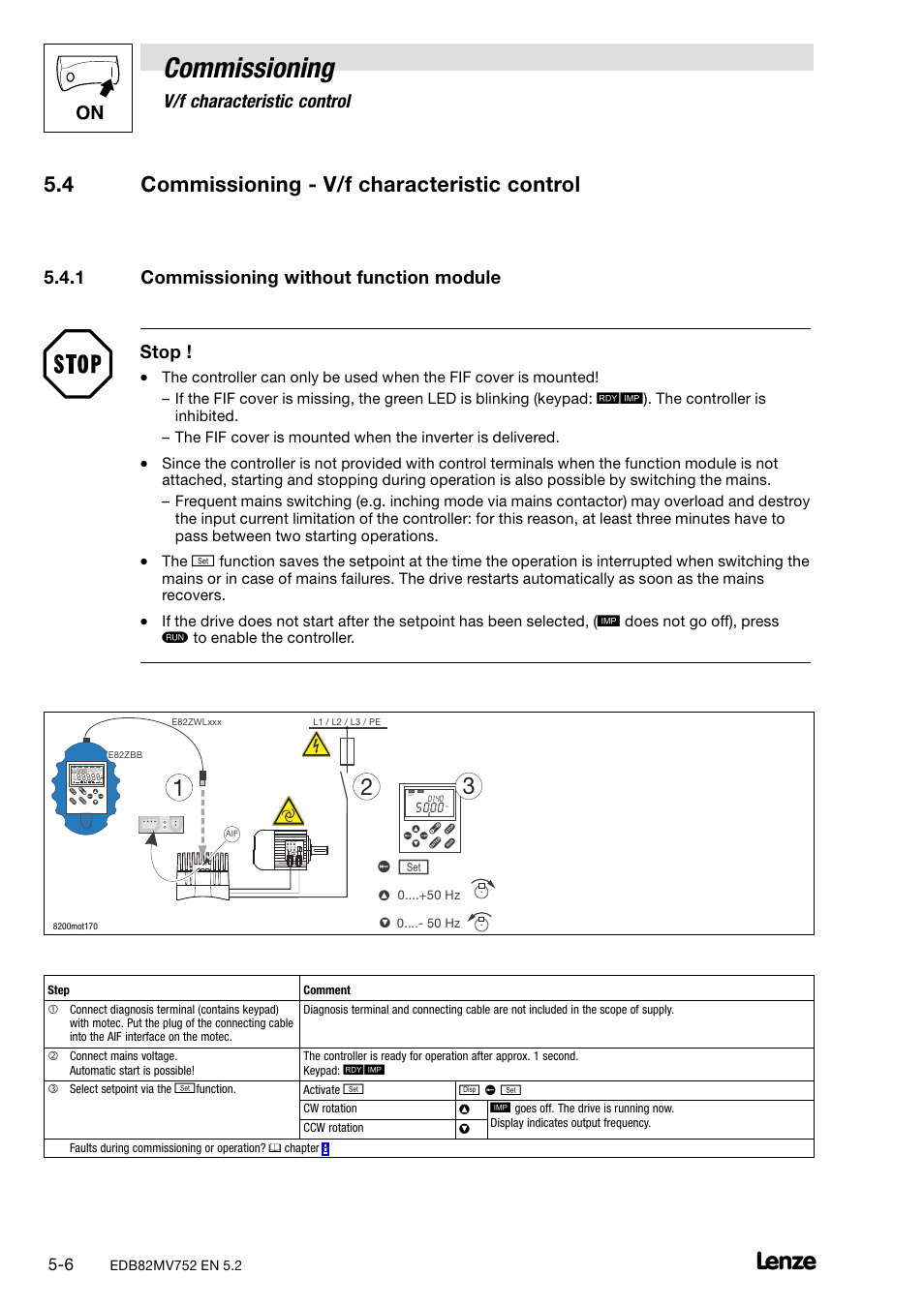 4 commissioning - v/f characteristic control, 1 commissioning without function module, Commissioning − v/f characteristic control | Commissioning without function module, Commissioning, 4 commissioning − v/f characteristic control, V/f characteristic control, 1 commissioning without function module stop | Lenze 8200 motec frequency inverter 0.25kW-7.5kW User Manual | Page 47 / 270