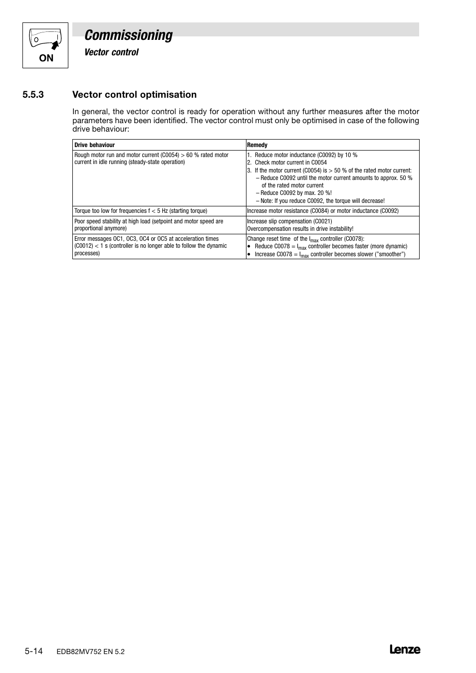 3 vector control optimisation, Vector control optimisation, Commissioning | Vector control | Lenze 8200 motec frequency inverter 0.25kW-7.5kW User Manual | Page 55 / 270