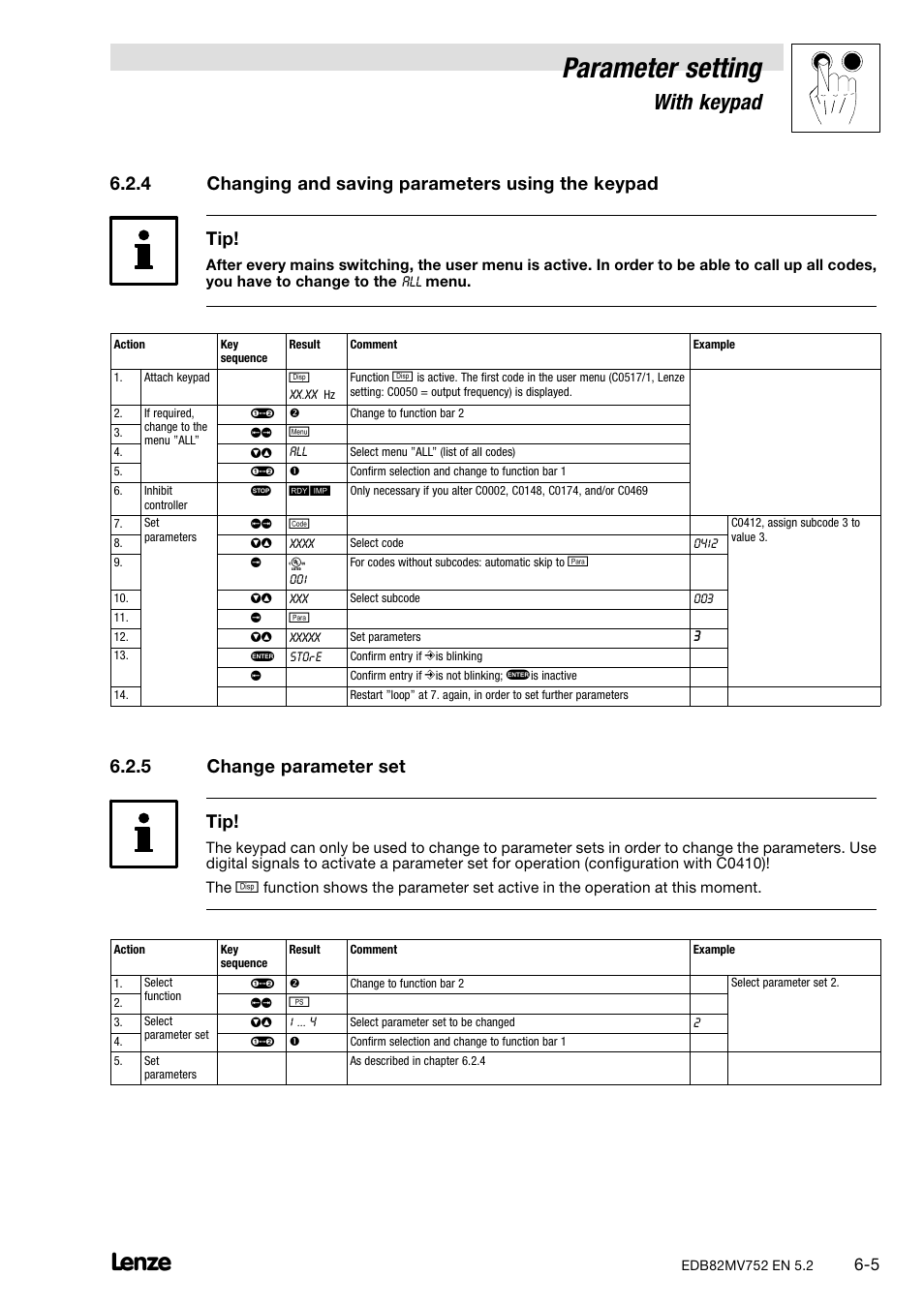 4 changing and saving parameters using the keypad, 5 change parameter set, Changing and saving parameters using the keypad | Change parameter set, Parameter setting, With keypad, 5 change parameter set tip | Lenze 8200 motec frequency inverter 0.25kW-7.5kW User Manual | Page 60 / 270