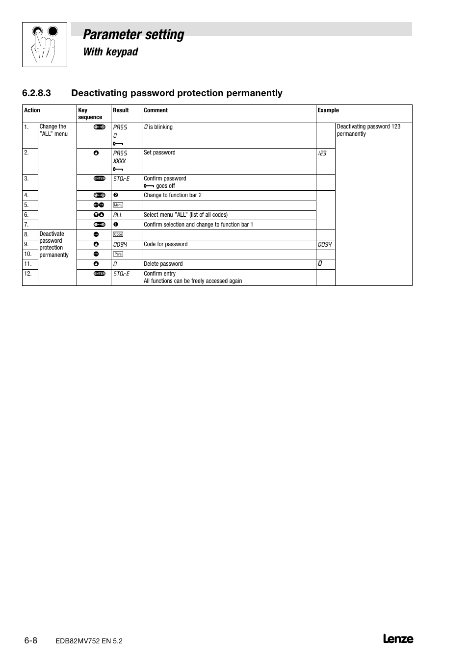 Parameter setting, With keypad, 3 deactivating password protection permanently | Lenze 8200 motec frequency inverter 0.25kW-7.5kW User Manual | Page 63 / 270