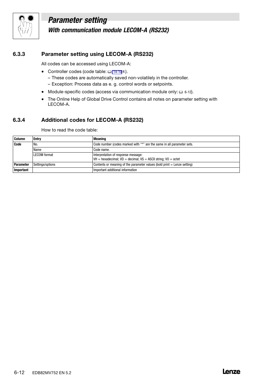 3 parameter setting using lecom-a (rs232), 4 additional codes for lecom-a (rs232), Parameter setting using lecom−a (rs232) | Additional codes for lecom−a (rs232), Parameter setting, With communication module lecom−a (rs232), 3 parameter setting using lecom−a (rs232), 4 additional codes for lecom−a (rs232) | Lenze 8200 motec frequency inverter 0.25kW-7.5kW User Manual | Page 67 / 270