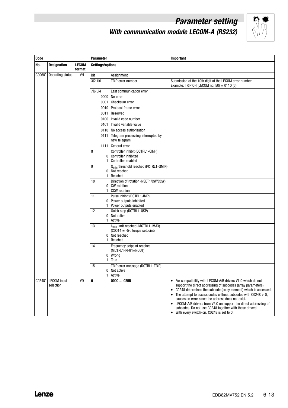 Parameter setting, With communication module lecom−a (rs232) | Lenze 8200 motec frequency inverter 0.25kW-7.5kW User Manual | Page 68 / 270