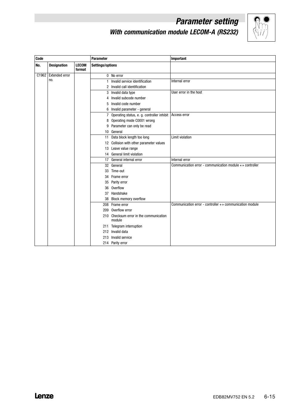 Parameter setting, With communication module lecom−a (rs232) | Lenze 8200 motec frequency inverter 0.25kW-7.5kW User Manual | Page 70 / 270