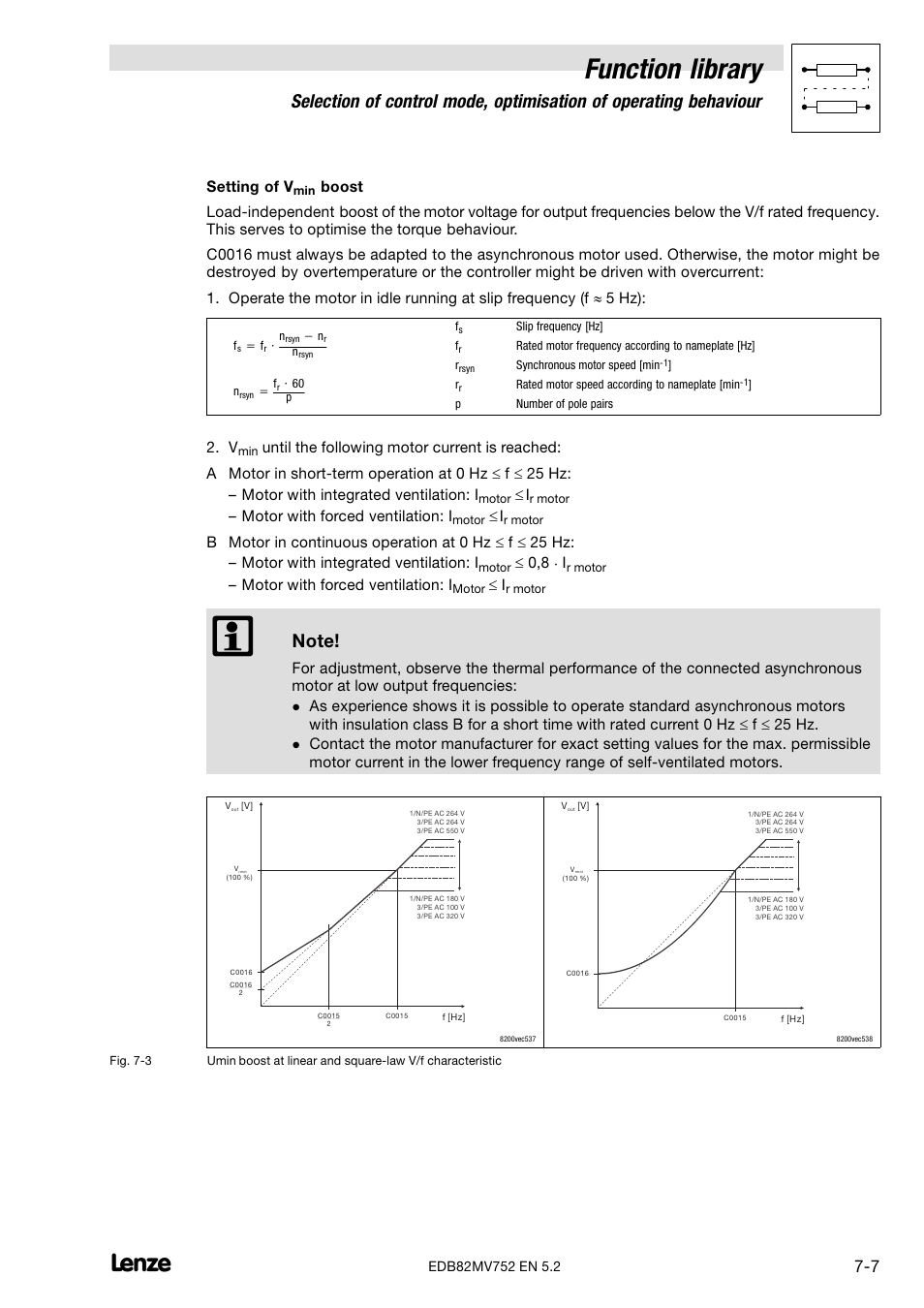 Function library, Setting of v, Motor with forced ventilation: i | 0,8  i | Lenze 8200 motec frequency inverter 0.25kW-7.5kW User Manual | Page 78 / 270