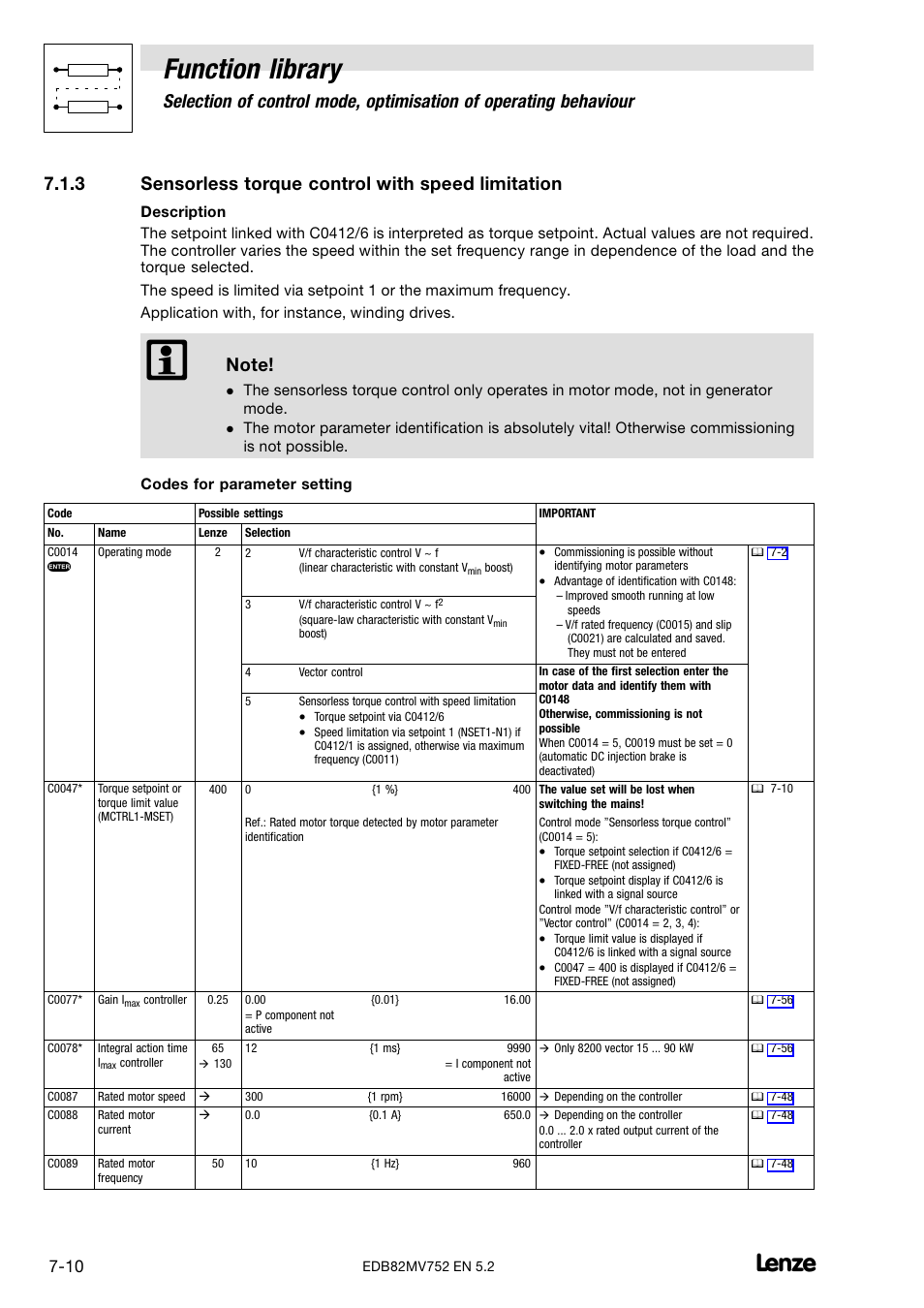 3 sensorless torque control with speed limitation, Sensorless torque control with speed limitation, Function library | Lenze 8200 motec frequency inverter 0.25kW-7.5kW User Manual | Page 81 / 270