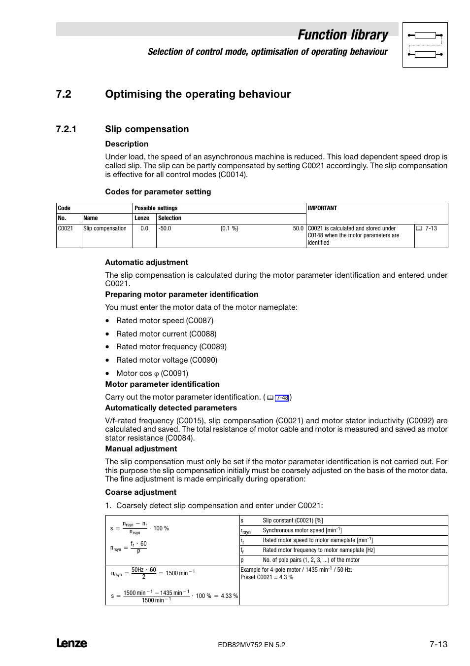 2 optimising the operating behaviour, 1 slip compensation, Optimising the operating behaviour | Slip compensation, Function library | Lenze 8200 motec frequency inverter 0.25kW-7.5kW User Manual | Page 84 / 270