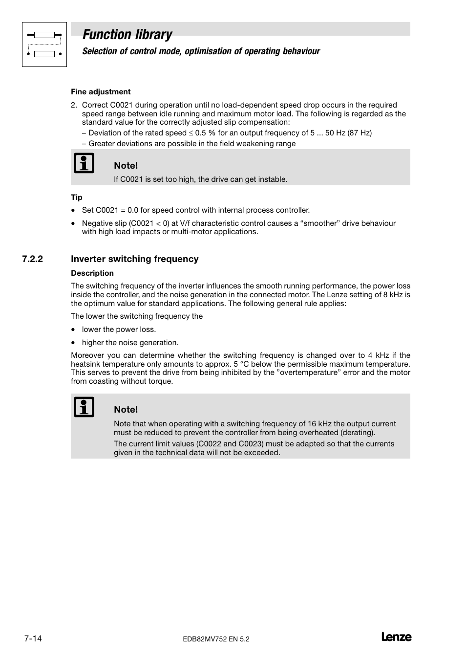 2 inverter switching frequency, Inverter switching frequency, Function library | Lenze 8200 motec frequency inverter 0.25kW-7.5kW User Manual | Page 85 / 270