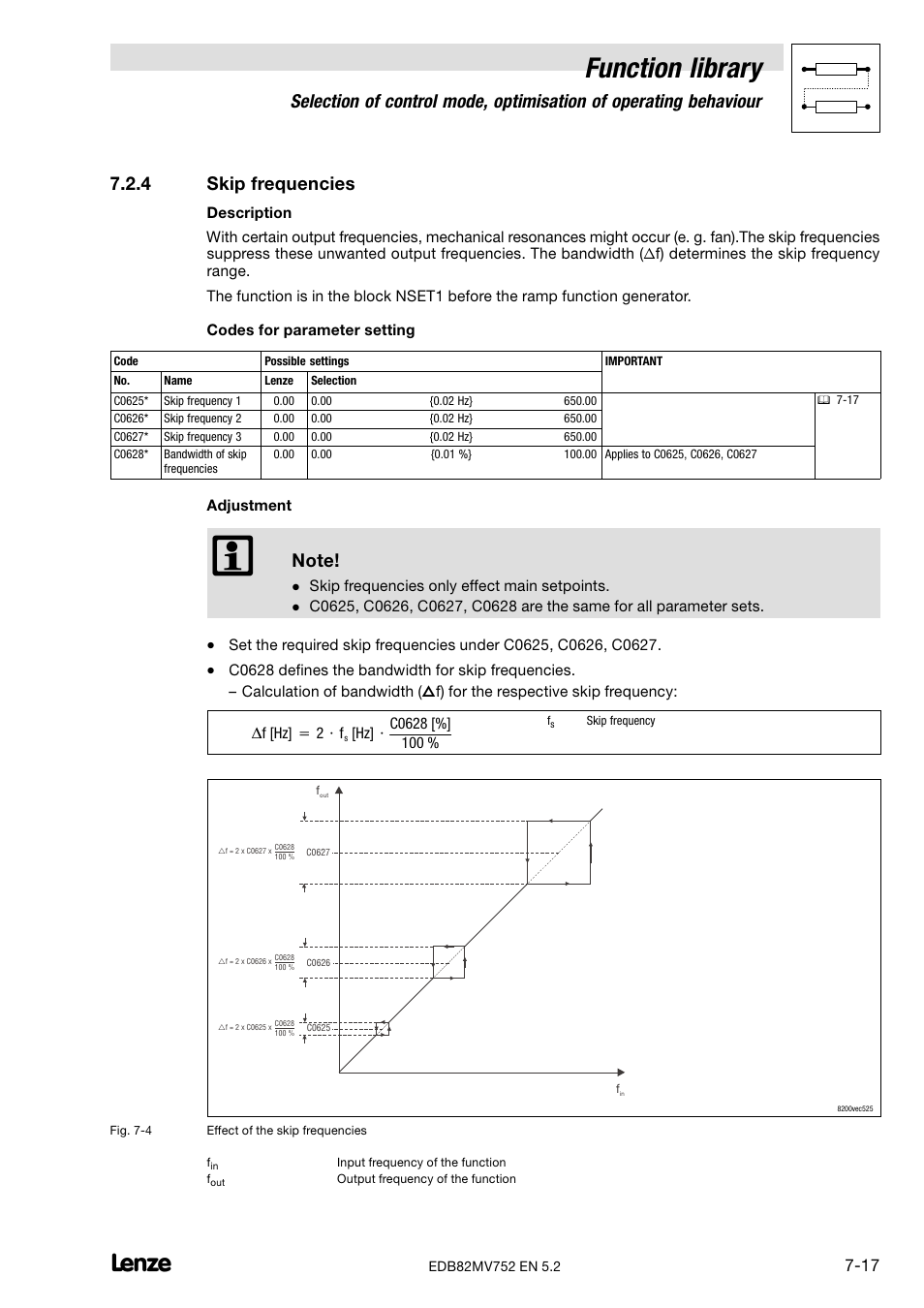 4 skip frequencies, Skip frequencies, Function library | Lenze 8200 motec frequency inverter 0.25kW-7.5kW User Manual | Page 88 / 270