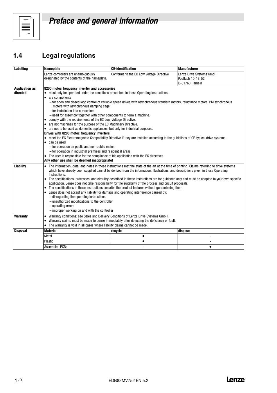 4 legal regulations, Legal regulations, Preface and general information | Lenze 8200 motec frequency inverter 0.25kW-7.5kW User Manual | Page 9 / 270