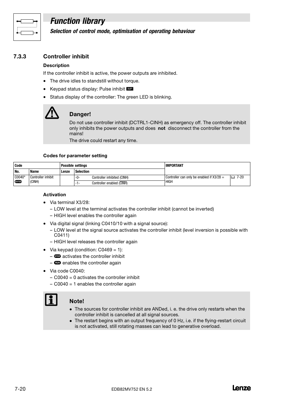 3 controller inhibit, Controller inhibit, Function library | Lenze 8200 motec frequency inverter 0.25kW-7.5kW User Manual | Page 91 / 270