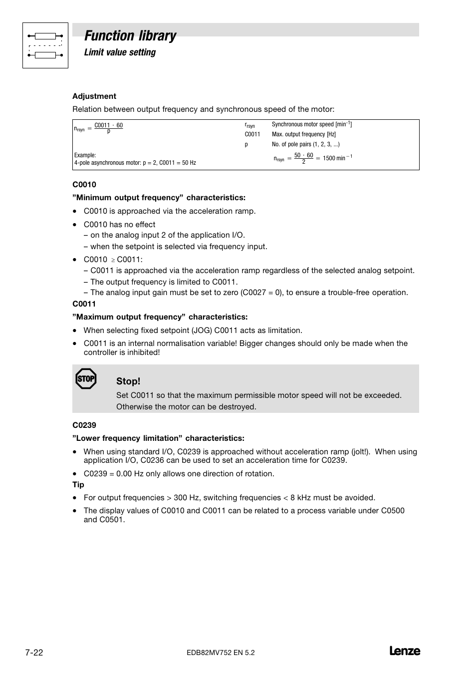 Function library, Limit value setting, Stop | Lenze 8200 motec frequency inverter 0.25kW-7.5kW User Manual | Page 93 / 270