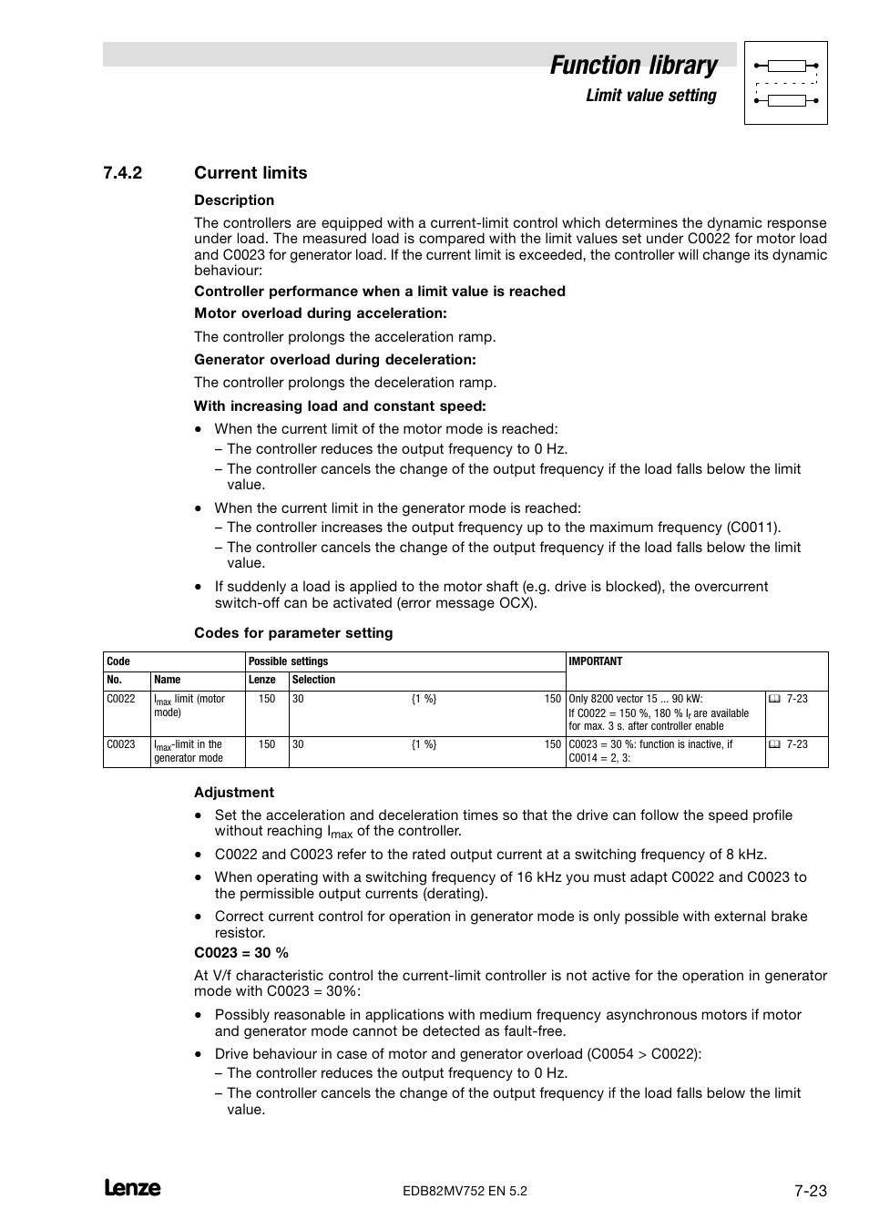 2 current limits, Current limits, Function library | Limit value setting | Lenze 8200 motec frequency inverter 0.25kW-7.5kW User Manual | Page 94 / 270