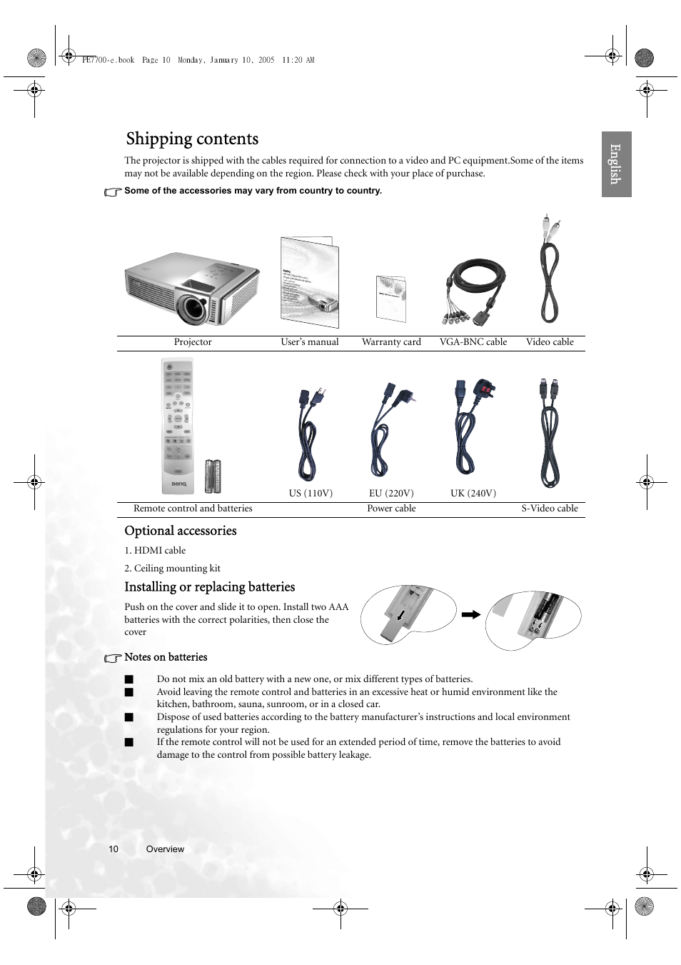 Shipping contents, Eng lish, Optional accessories | Installing or replacing batteries | BenQ PE7700 User Manual | Page 10 / 34