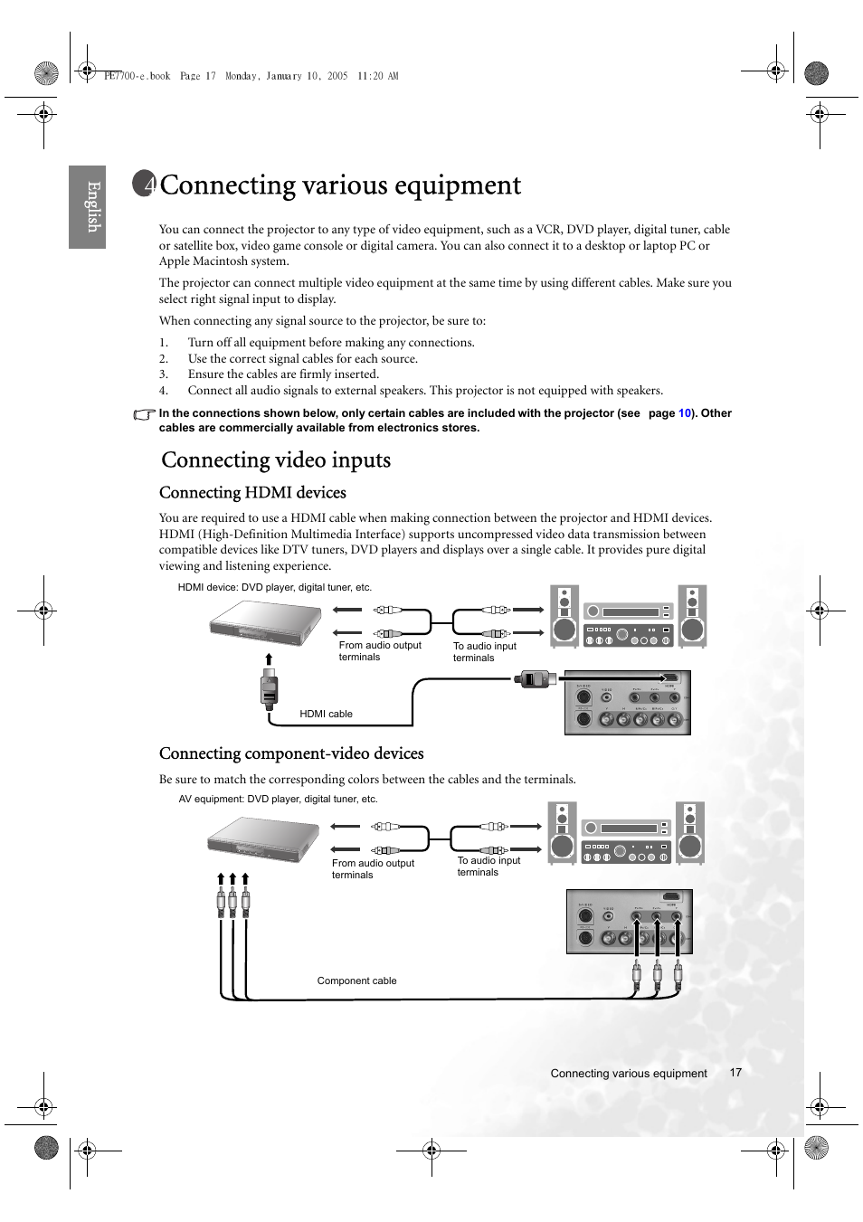 Connecting various equipment, Connecting video inputs, Eng lish | Connecting hdmi devices, Connecting component-video devices | BenQ PE7700 User Manual | Page 17 / 34