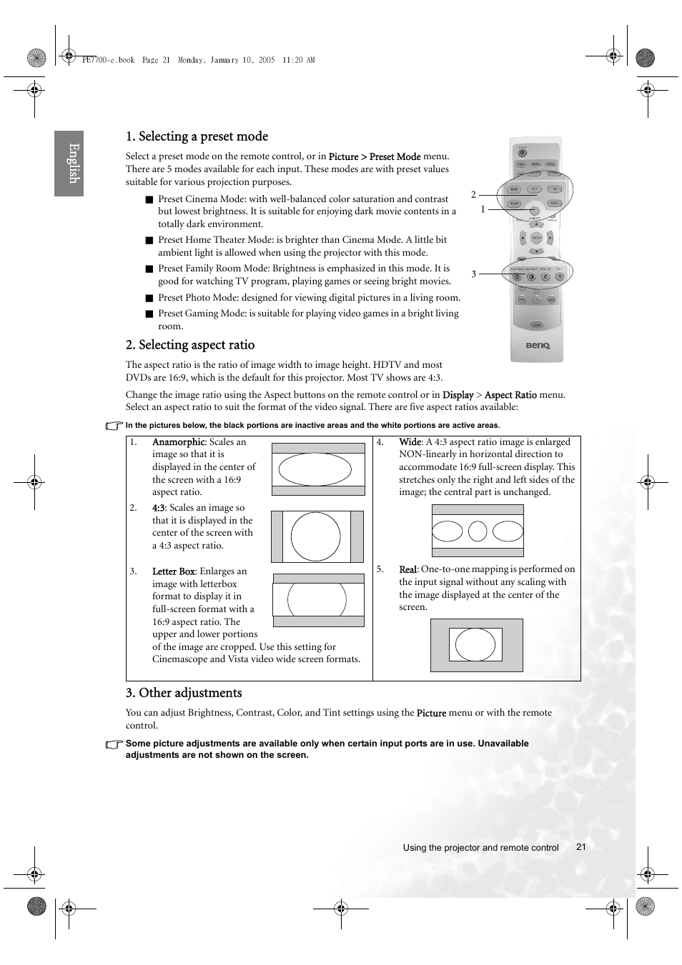 Eng lish 1. selecting a preset mode, Selecting aspect ratio, Other adjustments | BenQ PE7700 User Manual | Page 21 / 34