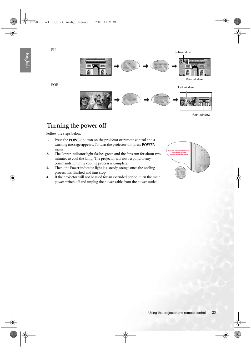 Turning the power off, Eng lish | BenQ PE7700 User Manual | Page 23 / 34