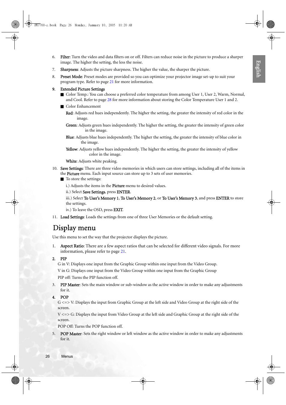 Display menu, Eng lish | BenQ PE7700 User Manual | Page 26 / 34