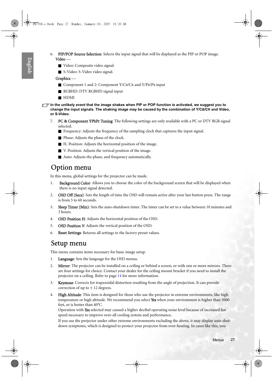 Option menu, Setup menu, Eng lish | BenQ PE7700 User Manual | Page 27 / 34