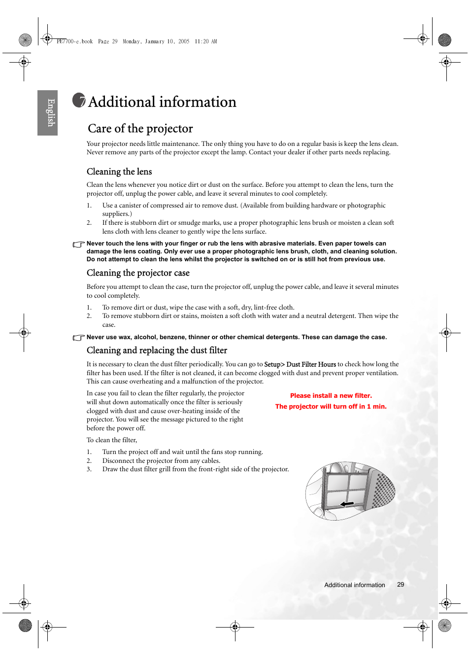 Additional information, Care of the projector, Eng lish | Cleaning the lens, Cleaning the projector case, Cleaning and replacing the dust filter | BenQ PE7700 User Manual | Page 29 / 34