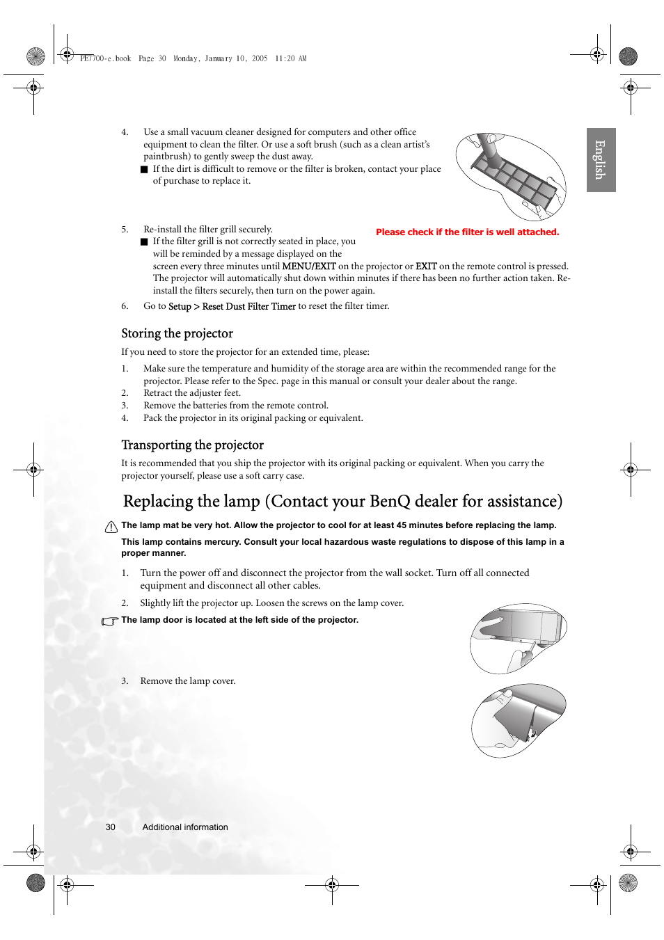 Eng lish, Storing the projector, Transporting the projector | BenQ PE7700 User Manual | Page 30 / 34