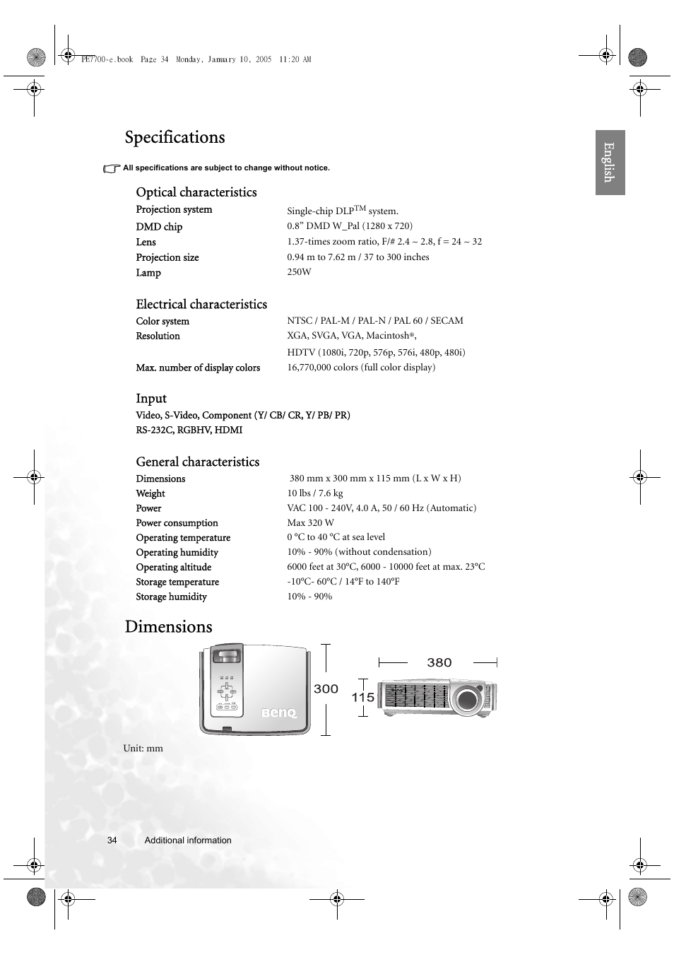 Specifications, Dimensions, Eng lish | Optical characteristics, Electrical characteristics, Input, General characteristics | BenQ PE7700 User Manual | Page 34 / 34