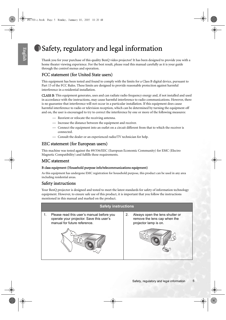 Safety, regulatory and legal information, Eng lish, Fcc statement (for united state users) | Eec statement (for european users), Mic statement, Safety instructions | BenQ PE7700 User Manual | Page 5 / 34