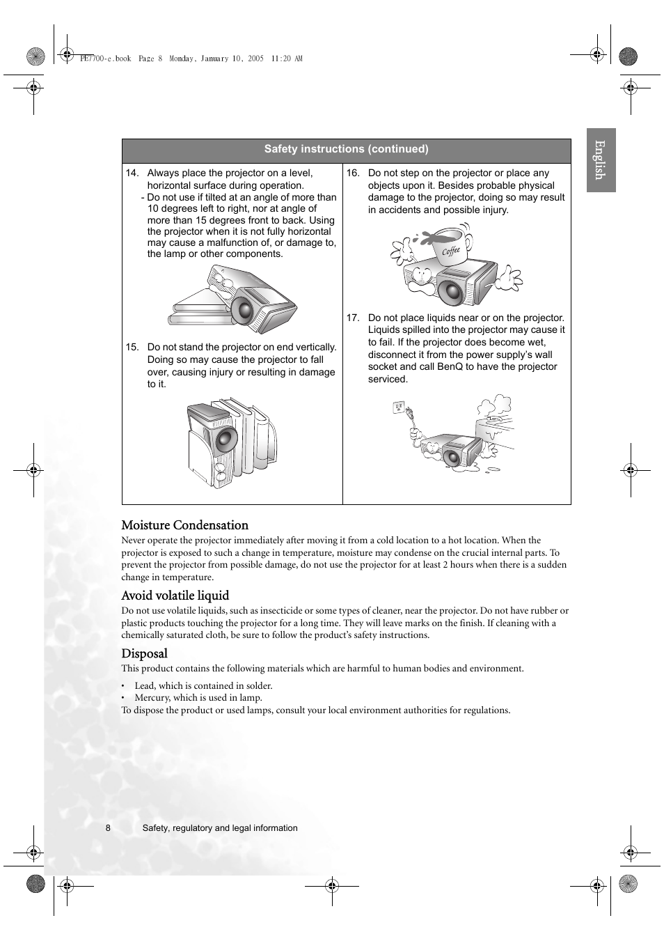 Eng lish moisture condensation, Avoid volatile liquid, Disposal | BenQ PE7700 User Manual | Page 8 / 34