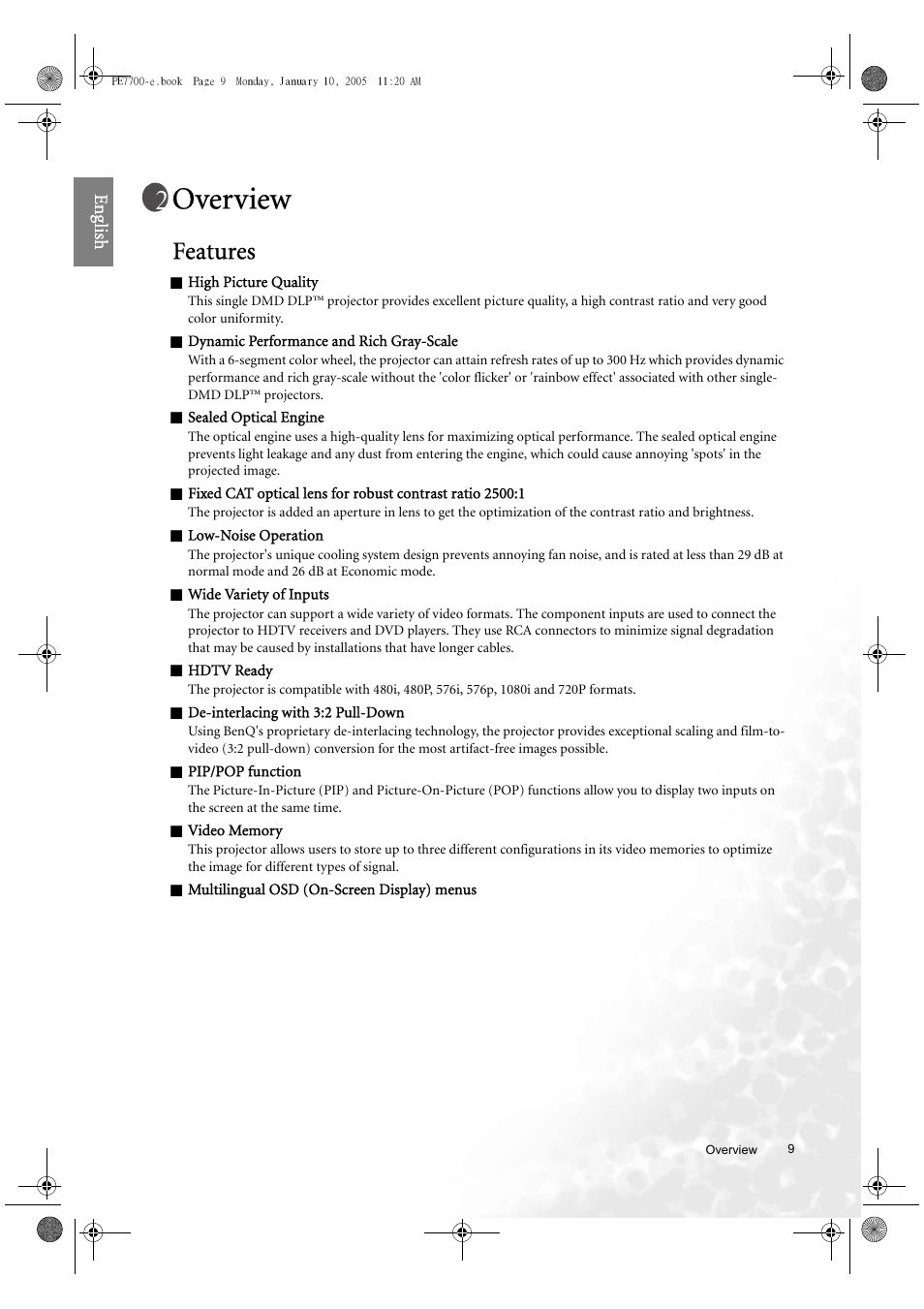 Overview, Features, Eng lish | BenQ PE7700 User Manual | Page 9 / 34