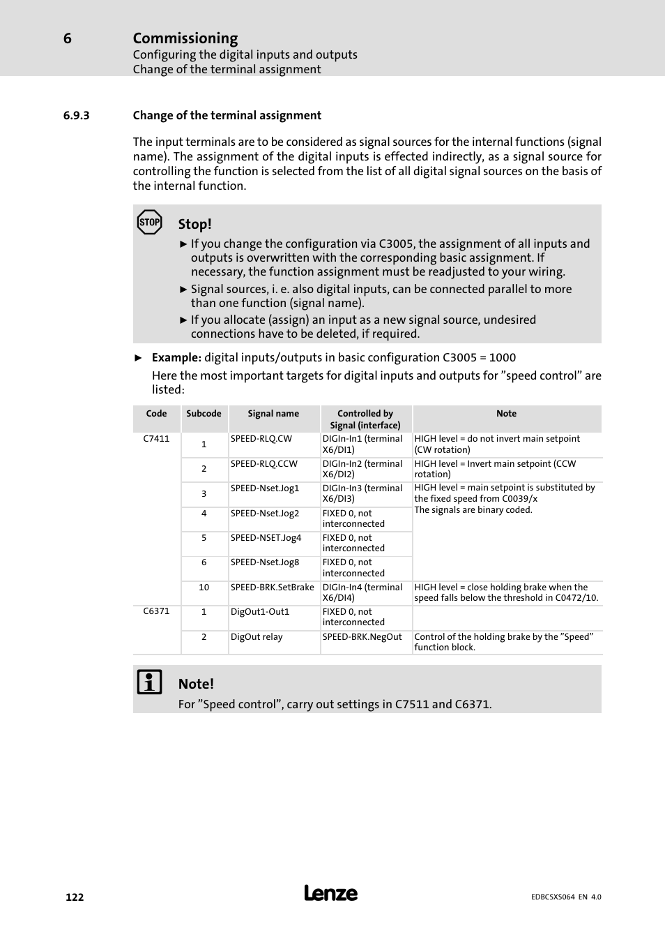 3 change of the terminal assignment, Change of the terminal assignment, Commissioning | Stop | Lenze ECSCSxxx User Manual | Page 122 / 484