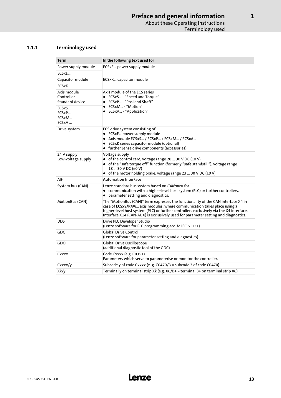 1 terminology used, Terminology used, Preface and general information | Lenze ECSCSxxx User Manual | Page 13 / 484