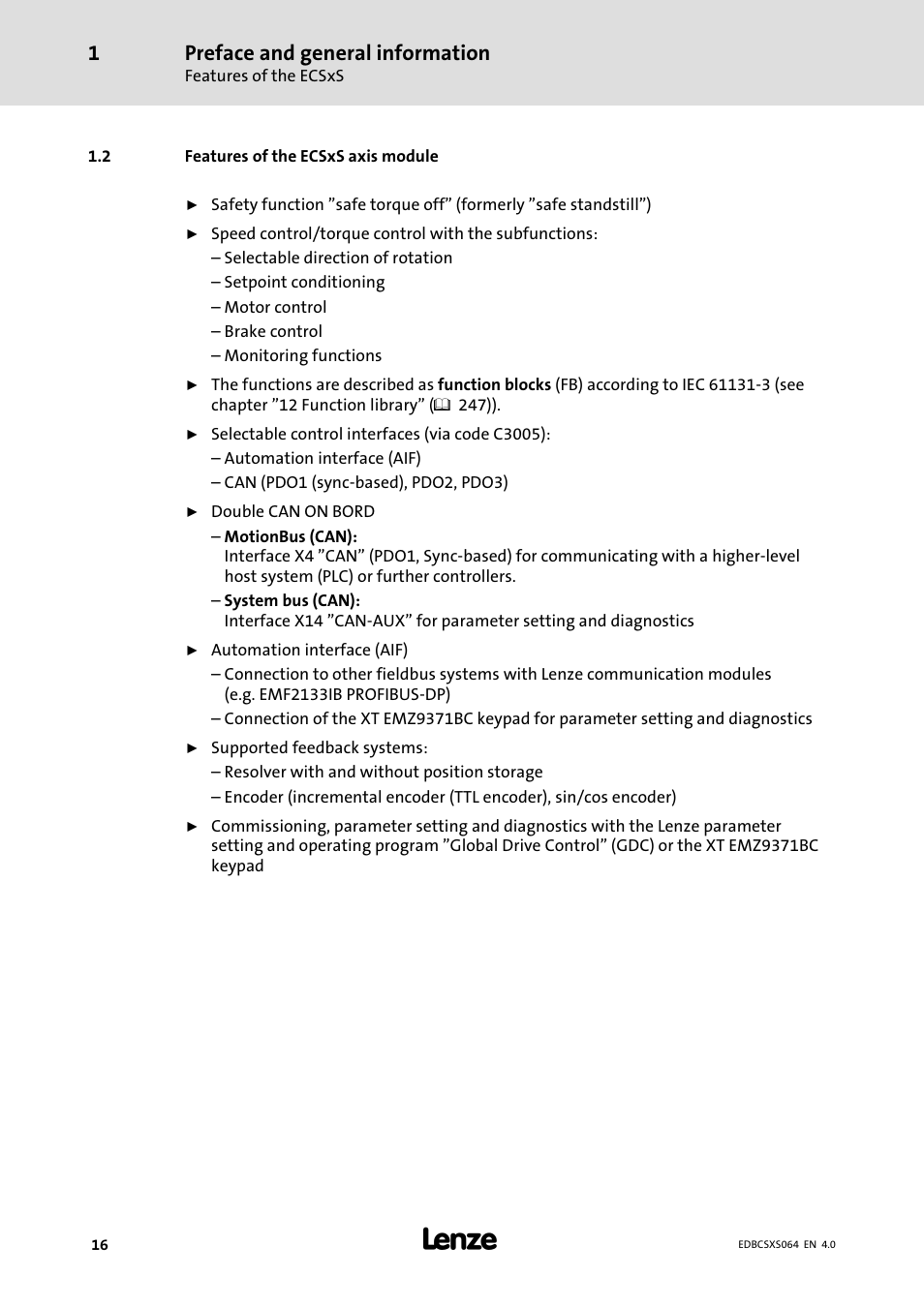 2 features of the ecsxs s axis module, Features of the ecsxs axis module, Preface and general information | Lenze ECSCSxxx User Manual | Page 16 / 484