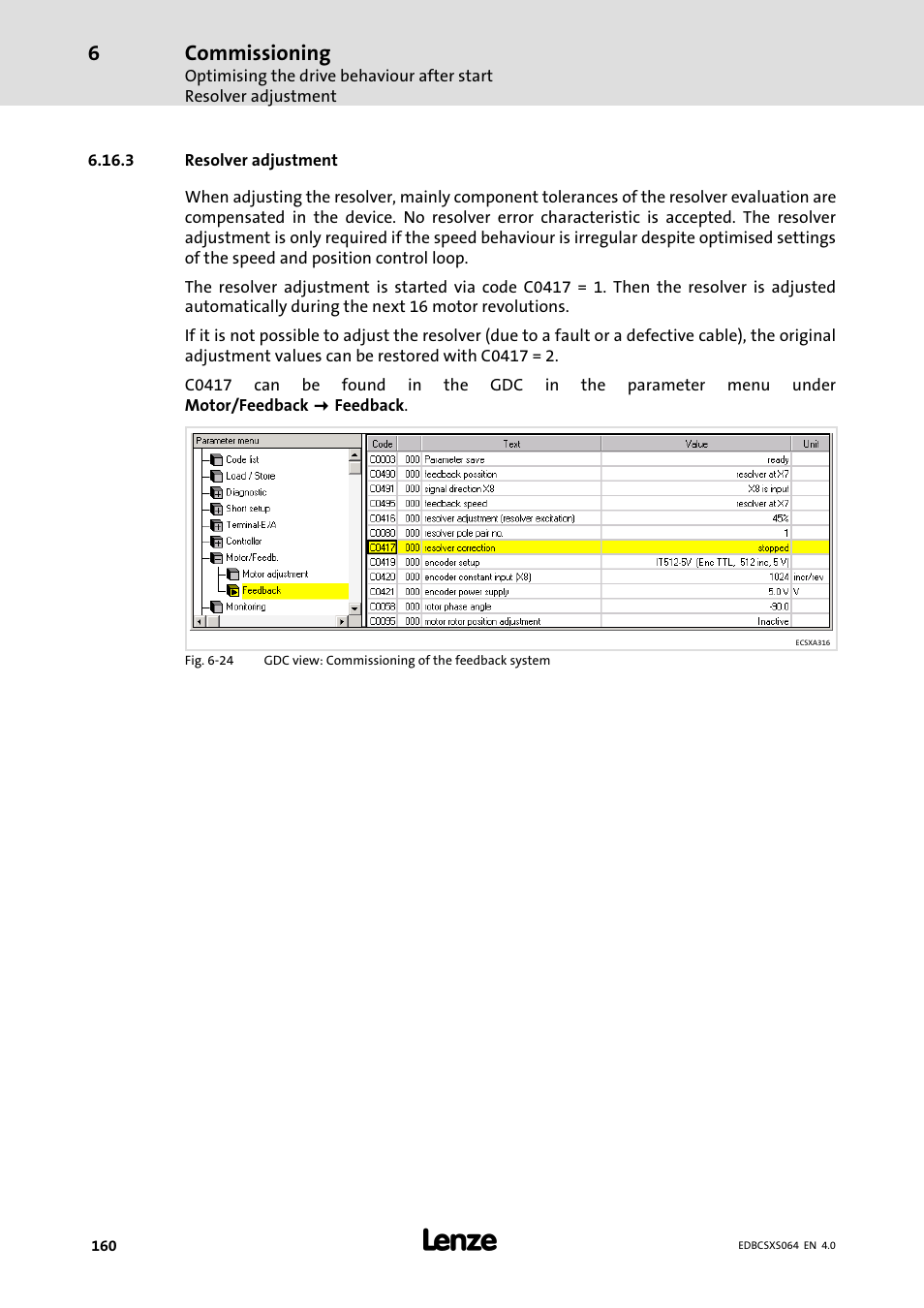 3 resolver adjustment, Resolver adjustment, Commissioning | Lenze ECSCSxxx User Manual | Page 160 / 484