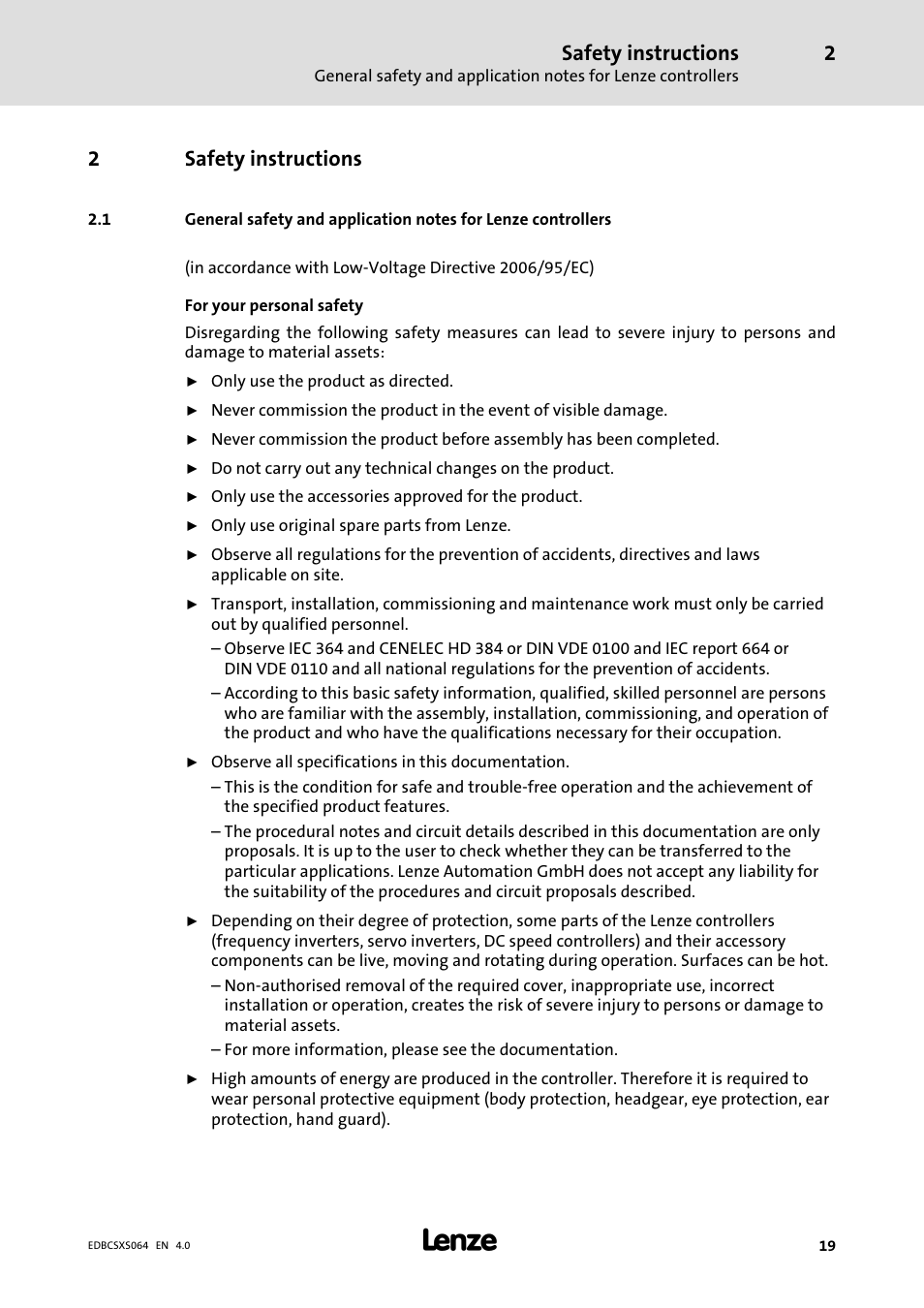 2 safety instructions, Safety instructions, 2safety instructions | Lenze ECSCSxxx User Manual | Page 19 / 484