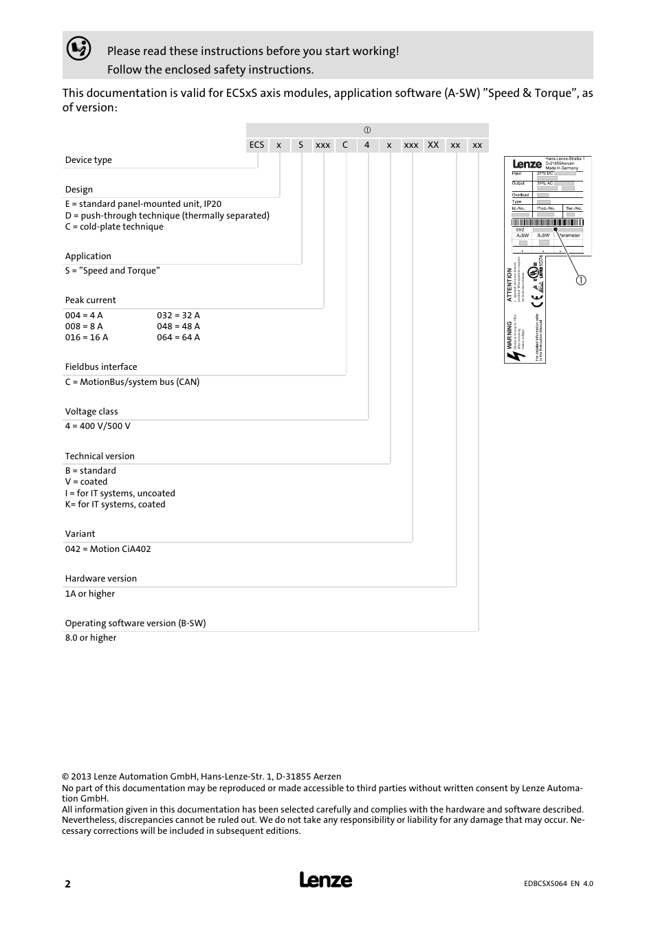 This documentation is valid for | Lenze ECSCSxxx User Manual | Page 2 / 484