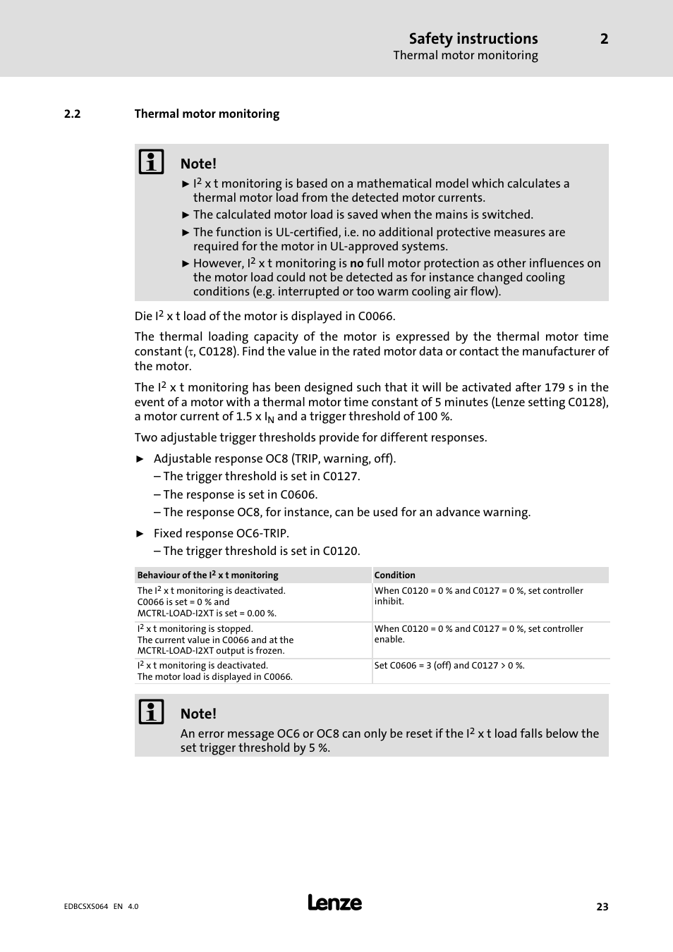 2 thermal motor monitoring, Thermal motor monitoring, Safety instructions | Lenze ECSCSxxx User Manual | Page 23 / 484