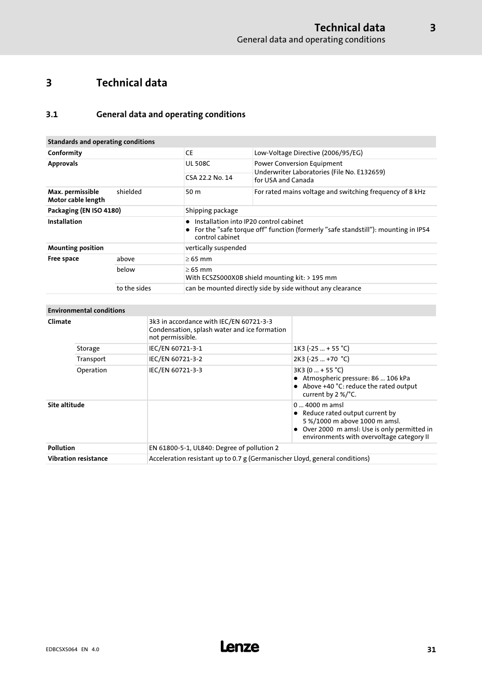 3 technical data, 1 general data and operating conditions, Technical data | General data and operating conditions, 3technical data | Lenze ECSCSxxx User Manual | Page 31 / 484