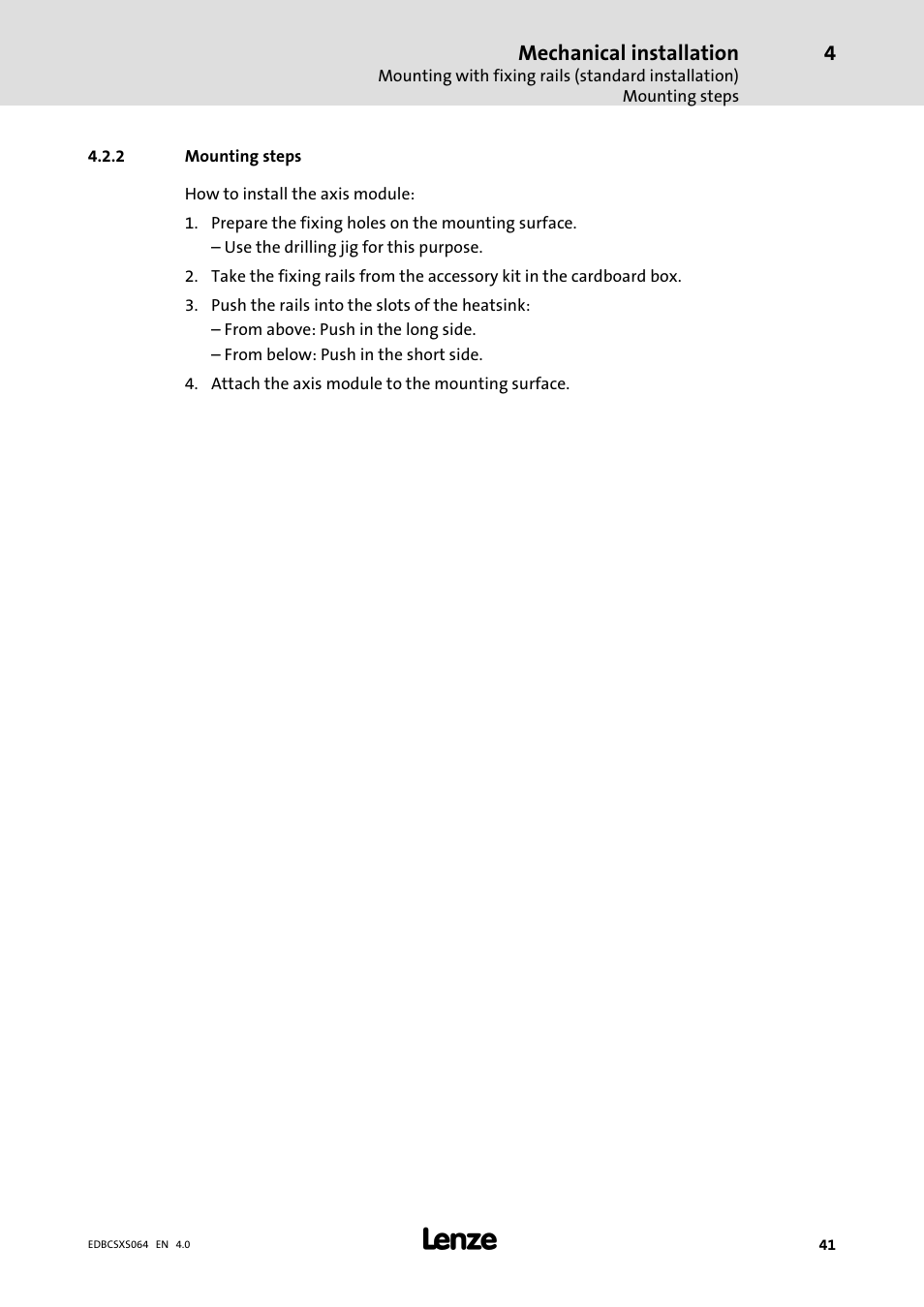 2 mounting steps, Mounting steps | Lenze ECSCSxxx User Manual | Page 41 / 484