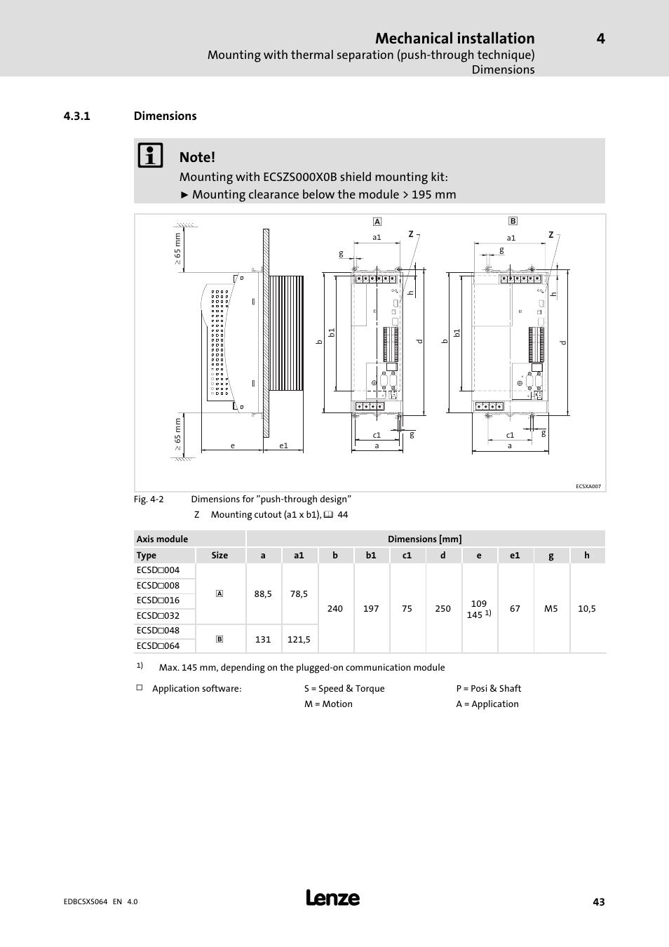 1 dimensions, Dimensions, Mechanical installation | Mounting with ecszs000x0b shield mounting kit, Mounting clearance below the module > 195 mm | Lenze ECSCSxxx User Manual | Page 43 / 484