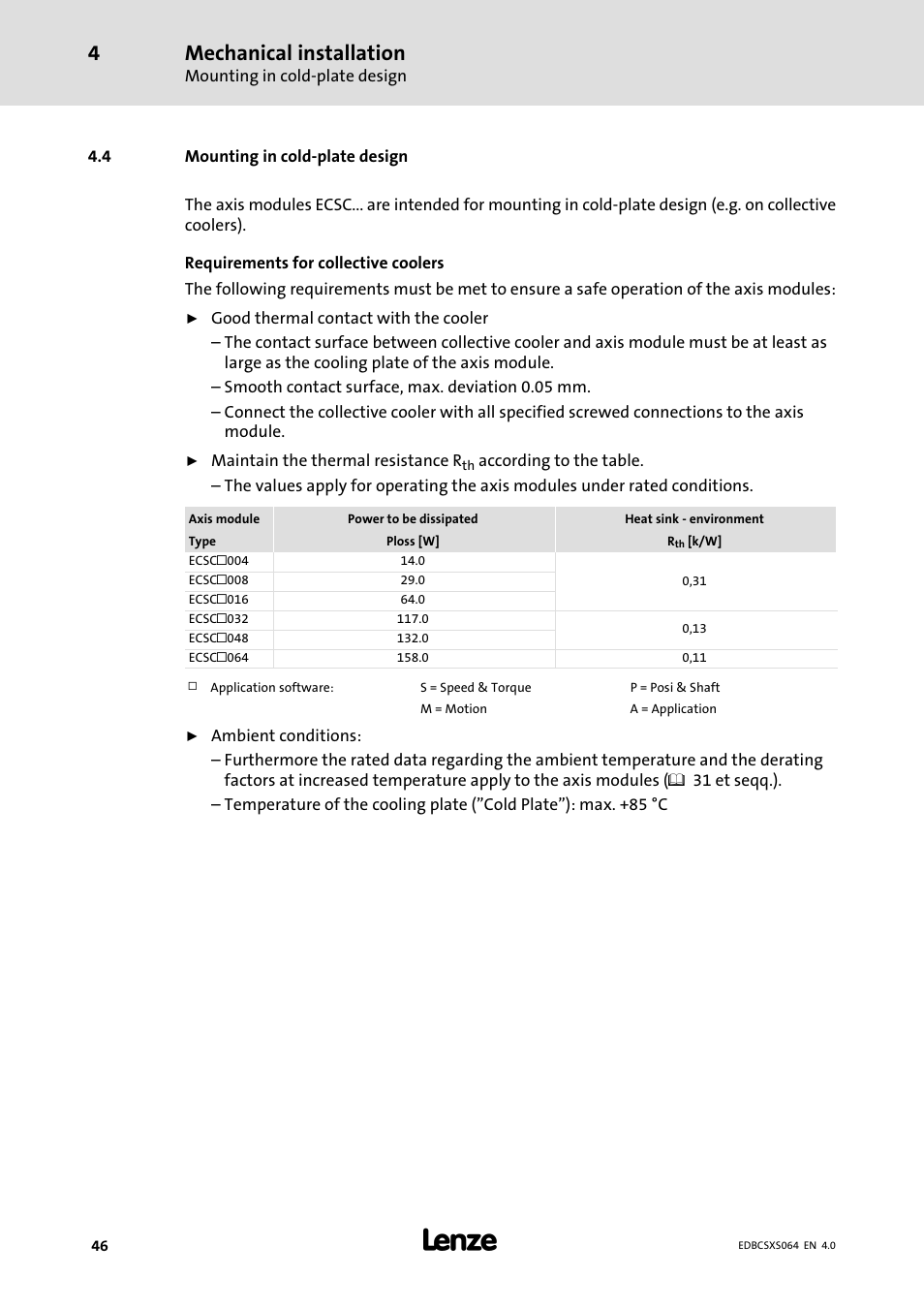 4 mounting in cold-plate design, Mounting in cold−plate design, Mechanical installation | Lenze ECSCSxxx User Manual | Page 46 / 484