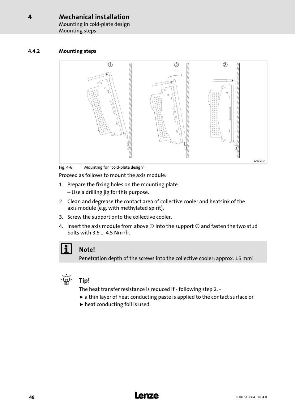 2 mounting steps, Mounting steps | Lenze ECSCSxxx User Manual | Page 48 / 484