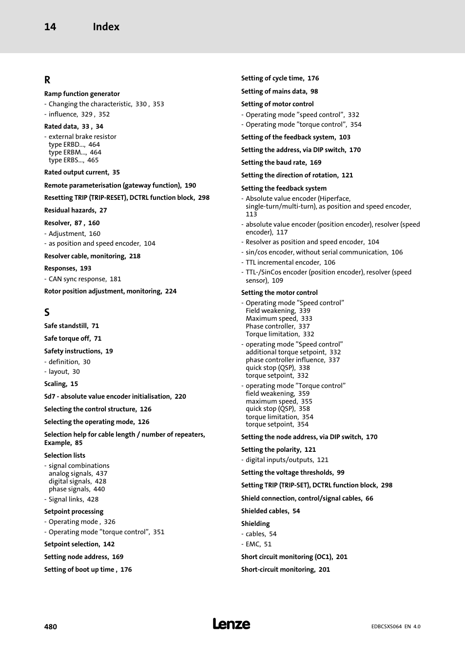 Index 14 | Lenze ECSCSxxx User Manual | Page 480 / 484