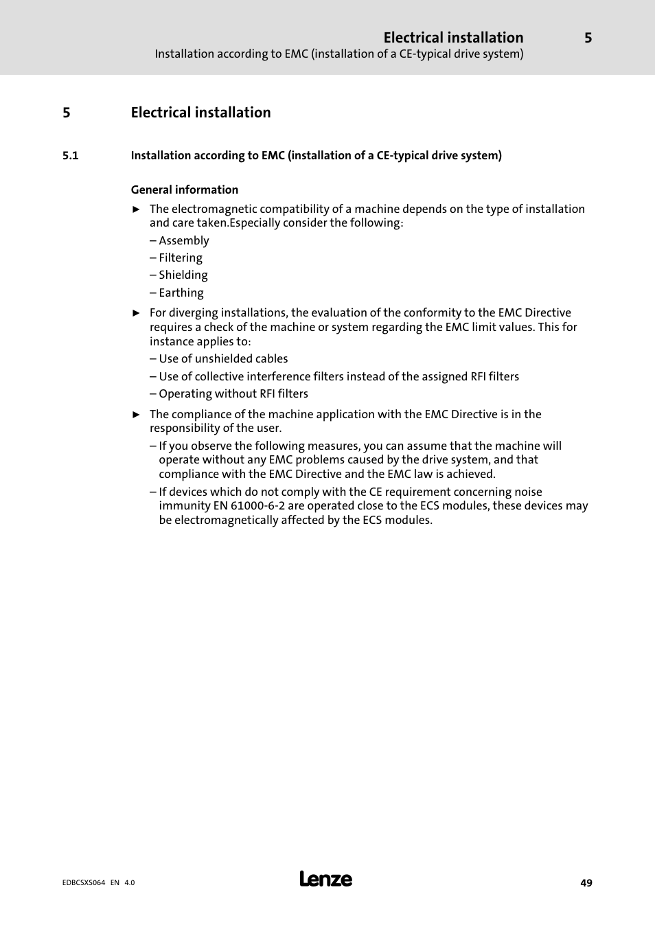 5 electrical installation, Electrical installation | Lenze ECSCSxxx User Manual | Page 49 / 484