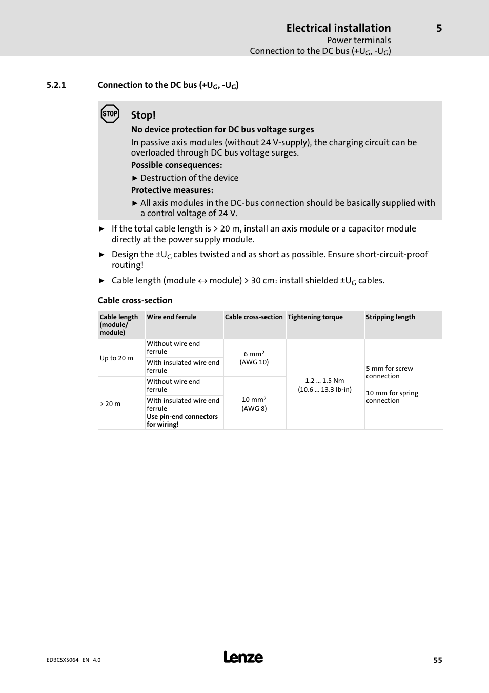 1 connection to the dc bus (+ug, -ug), Connection to the dc bus (+ug, −ug), Electrical installation | Stop | Lenze ECSCSxxx User Manual | Page 55 / 484