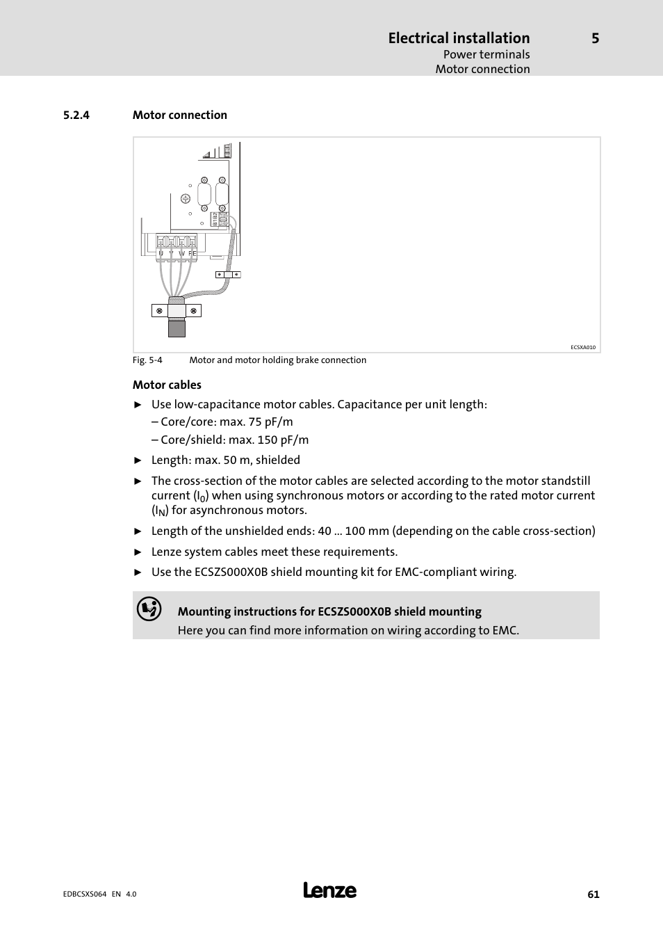 4 motor connection, Motor connection, Electrical installation | Lenze ECSCSxxx User Manual | Page 61 / 484