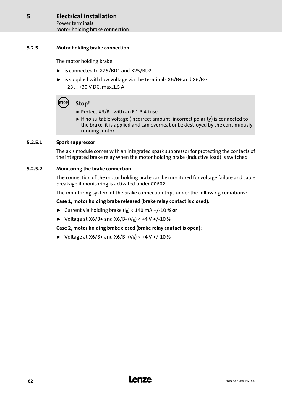 5 motor holding brake connection, Motor holding brake connection, Electrical installation | Lenze ECSCSxxx User Manual | Page 62 / 484