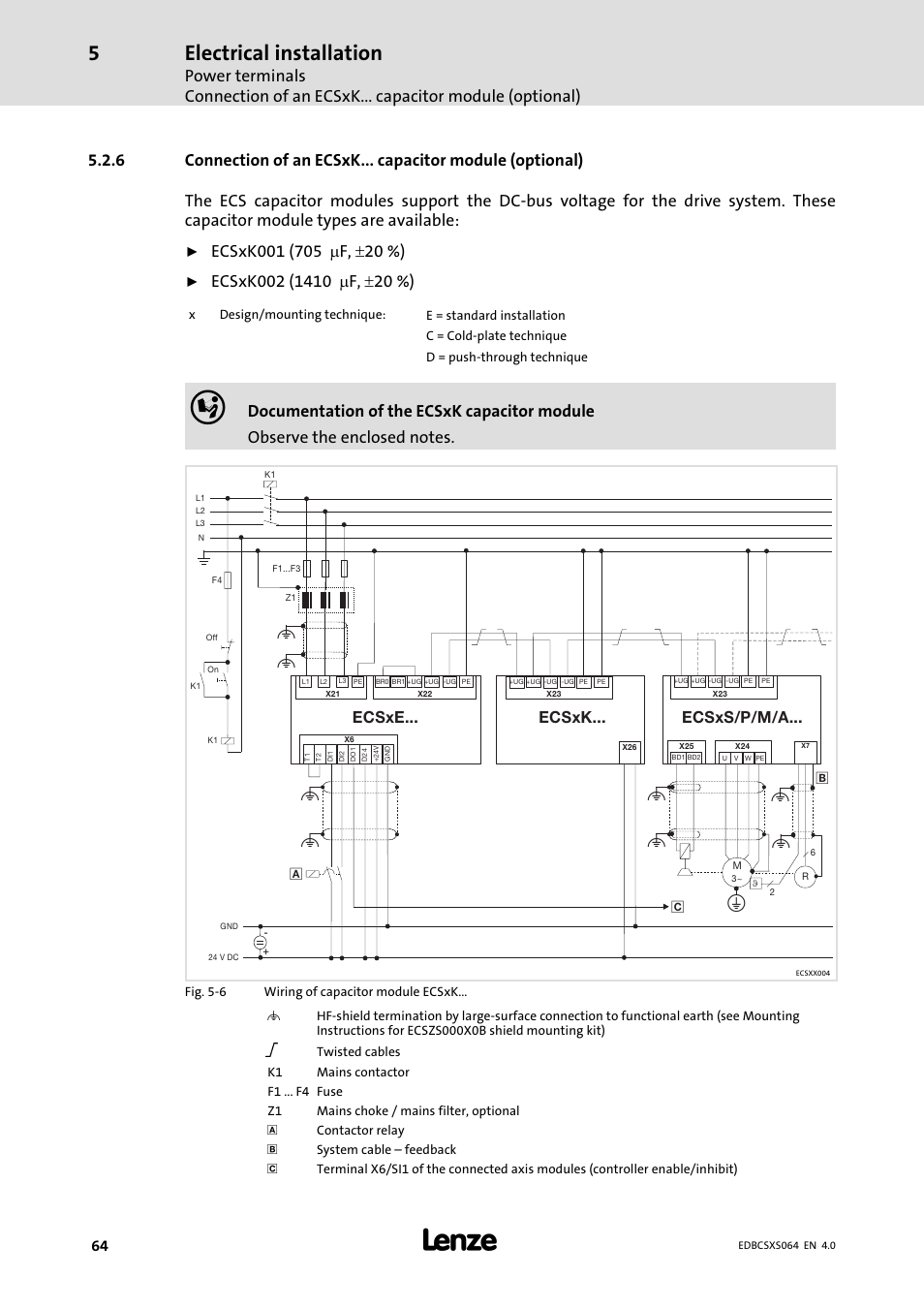 Electrical installation, Ecsxk, Ecsxe | Ecsxs/p/m/a | Lenze ECSCSxxx User Manual | Page 64 / 484